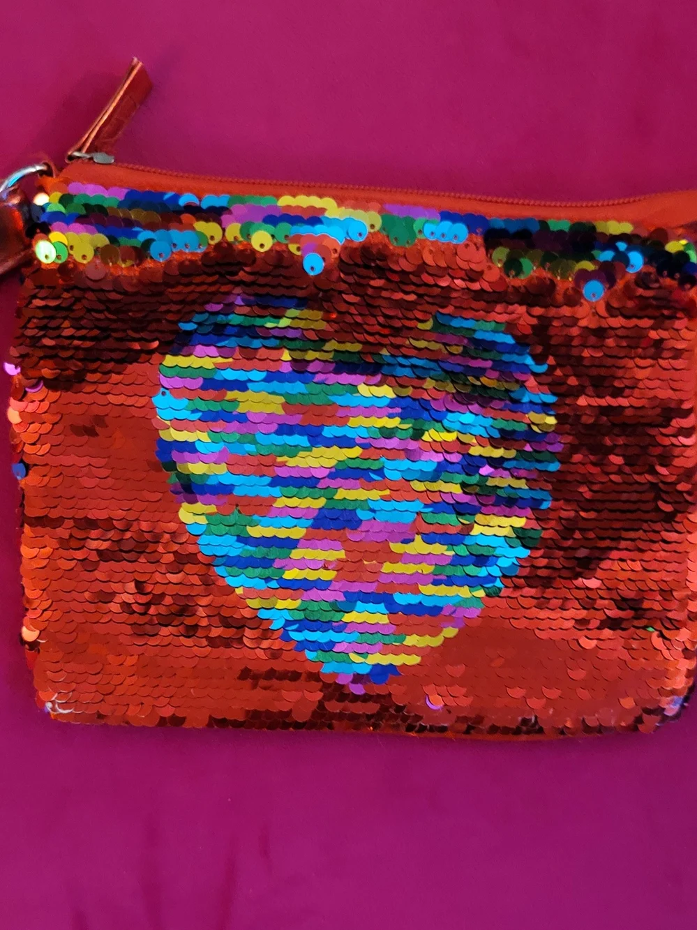 Red Sequin Heart Wristlet Pouch with Rainbow Flip Sequins